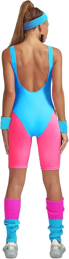 MIAIULIA Womens 80s Workout Costume Outfit 80s Accessories Set Leotard Neon Legging Headband Wristbands Set