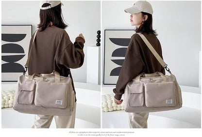 New men's and women's splash proof sports hand travel fitness shopping weekend camping overnight bags. (beige)