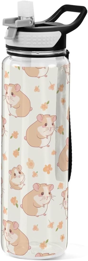 ALAZA Hipster Hamster Flower Floralhippo Sports Water Bottle with Straw Tritan Drink Bottle 32 oz BPA Free Reusable for Travel Outdoor Fitness