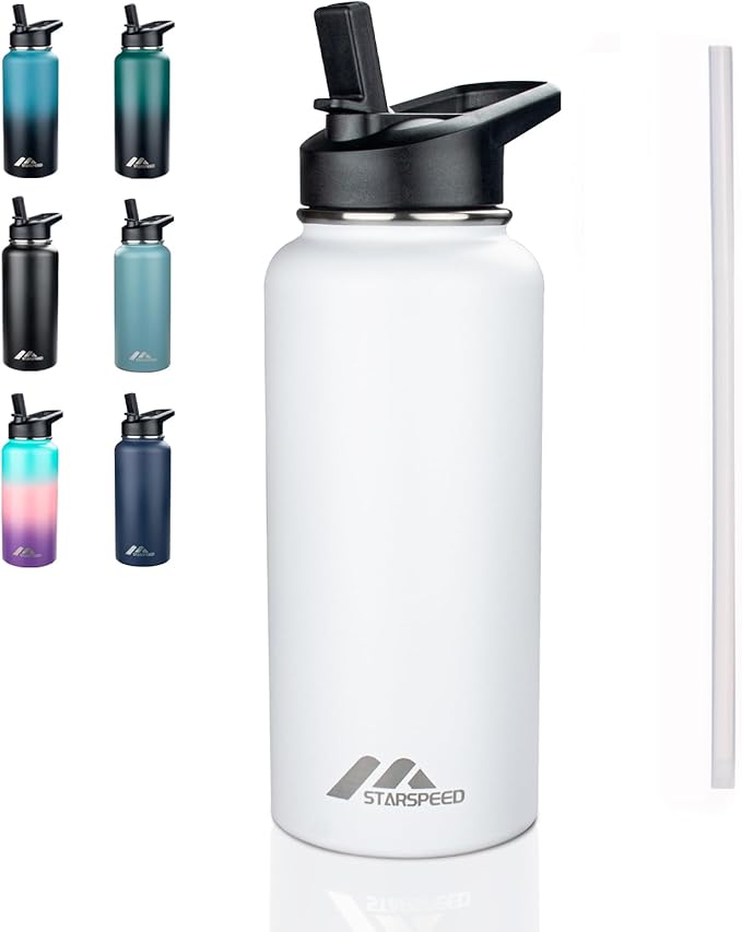 StarSpeed 32oz Insulated Water Bottle with Straw Lid, Stainless Steel Double Walled Vacuum Water Flask, Wide Mouth Sports Water Bottle for Gym Camping Hiking, White
