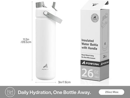 POWCAN 26 oz Insulated Water Bottle with 2-in-1 Straw and Spout Lid, Keep Cold 24H, Leak-Proof, Fits in Car Cup Holder, Stainless Steel Water Bottle for Gift, Gym, Travel and Home (Cerulean Porcelain)
