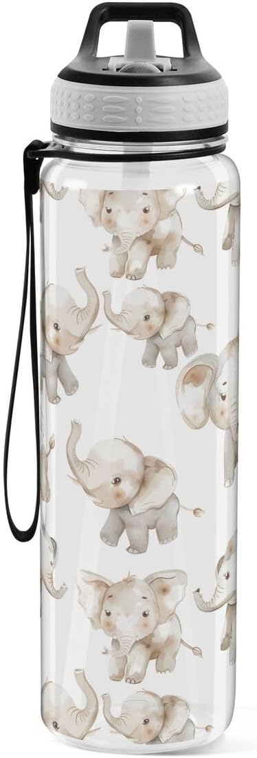 ALAZA Elephant on White Sports Water Bottle with Straw Tritan Drink Bottle 32 oz BPA Free Reusable for Travel Outdoor Fitness