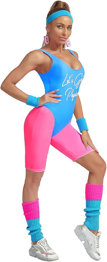 MIAIULIA Womens 80s Workout Costume Outfit 80s Accessories Set Leotard Neon Legging Headband Wristbands Set