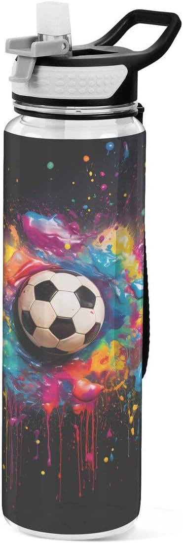 ALAZA Watercolor Soccer Ball Sport Sports Water Bottle with Straw Tritan Drink Bottle 32 oz BPA Free Reusable for Travel Outdoor Fitness