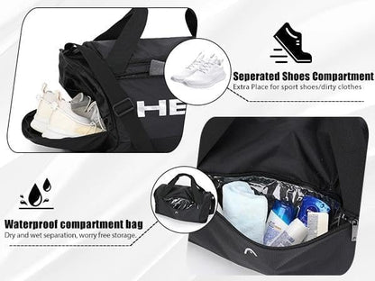 HEAD 45L Waterproof Gym Duffle Bag for Men, Large Capacity Sports Bag with Shoe Compartment & Dry Wet Pocket, Durable Crossbody Weekender Bag for Tennis, Workout, Fitness, Overnight Travel