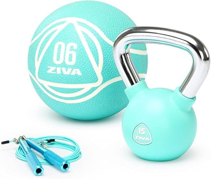 ZIVA Premium Functional Training Kit – 6 lb Medicine Ball, 15 lb Kettlebell & Speed Jump Rope for Strength, Core, Agility & Cardio – Full Home Workout Set in Turquoise