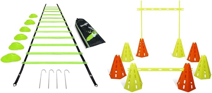 Yes4All Agility Ladder Lime 12 Rung + Agility Cone Lime 12pcs and Agility Hurdle Set, Ultimate Speed Training Equipment, Agility Obstacle Training, Pet Outdoor Games, Included Carry Bag