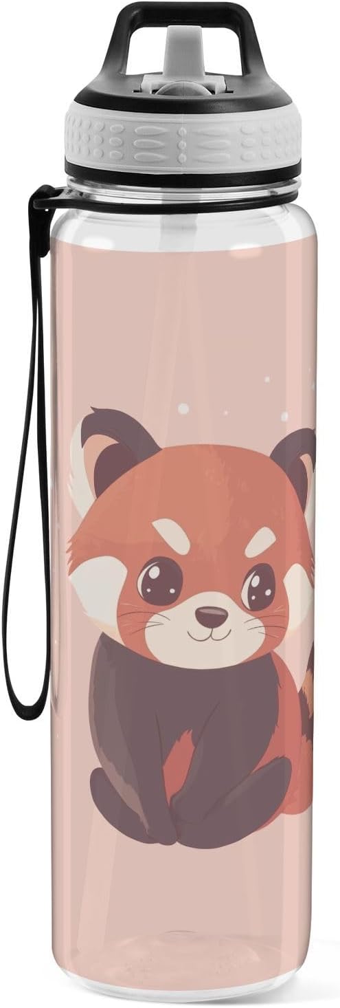 Fustylead Cute Flat Red Panda 32oz Water Bottle with Straw, Leakproof Clear Sport Water Bottles for Gym Camping Hiking Travel