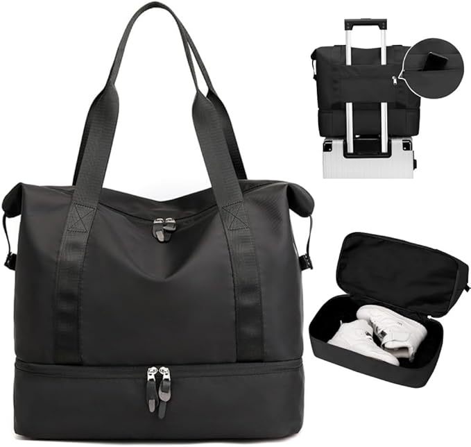 Japard 2 WAY Gym Small Bag for Women with Shoe Compartment, Waterproof Travel Duffel, Large Carry-On Tote with Wet Pocket & Luggage Sleeve, Sports Workout Bag (Black)