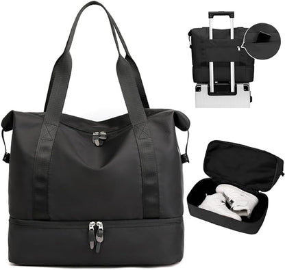 Japard 2 WAY Gym Small Bag for Women with Shoe Compartment, Waterproof Travel Duffel, Large Carry-On Tote with Wet Pocket & Luggage Sleeve, Sports Workout Bag (Black)