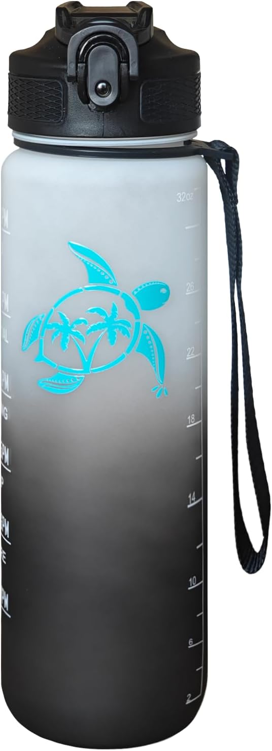 Sea Turtle Water Bottle with Straw, LeakProof, Carry Strap, BPA Free, 32 Oz Motivational Sport Water Bottle with Time Marker to Drink, Ideal for Gym Fitness Outdoor Black
