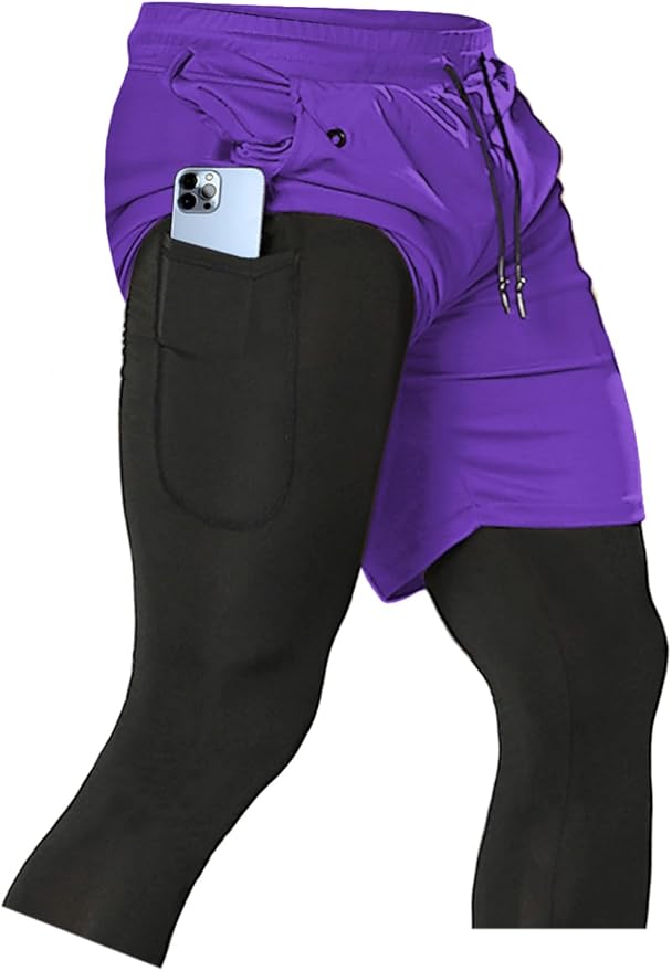 Aolesy Men's 2 in 1 Running Pants, Gym Workout Compression Pants for Men Training Athletic
