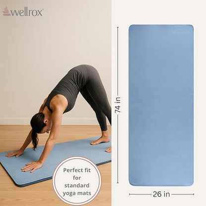 Wellrox Microfiber Yoga Mat Towel with Grip – Ultra Absorbent, Super Soft, and Quick Dry Hot Yoga Towel Non Slip for Pilates, Bikram, and Fitness Workouts (74” x 26”, Blue)
