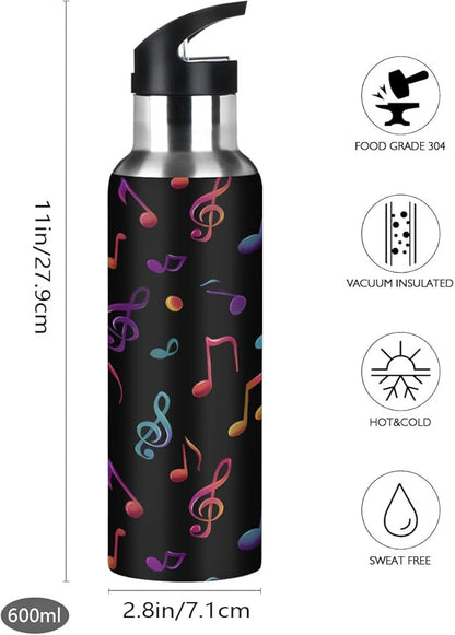 Colorful Music Note Water Bottle Vacuum Insulated Stainless Steel Mug Kids Water Bottle with Straw and Handle Keep Hot Cold Sport Bike Fit Travel Outdoor 20 oz