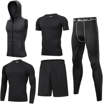 BUYJYA 5Pcs Men's Compression Pants Shirt Top Long Sleeve Jacket Athletic Sets Gym Clothing Mens Workout