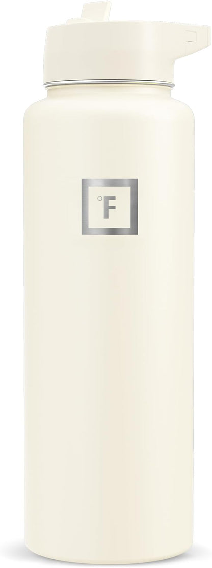 IRON °FLASK Camping & Hiking Hydration Flask with Straw, Wide Mouth Insulated Stainless Steel Sports Water Bottle - Cashmere Cream 40 oz - Straw (1 Lid)