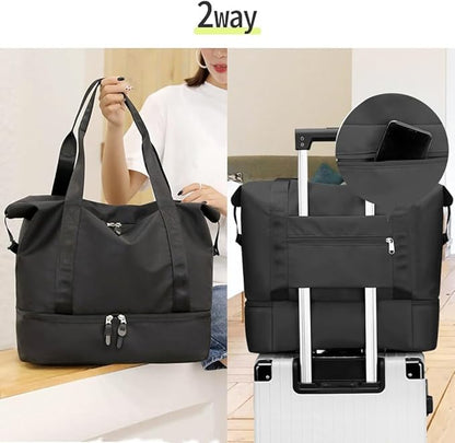 Japard 2 WAY Gym Small Bag for Women with Shoe Compartment, Waterproof Travel Duffel, Large Carry-On Tote with Wet Pocket & Luggage Sleeve, Sports Workout Bag (Black)