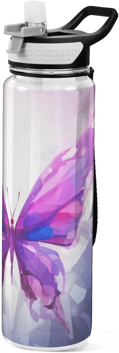 YETTASBIN Purple Butterfly Clear Water Bottle with Straw Lid, BPA-Free Leakproof Sport Water Bottle 32oz Large Gym Water Jug for Men Women Travel Fitness Outdoor