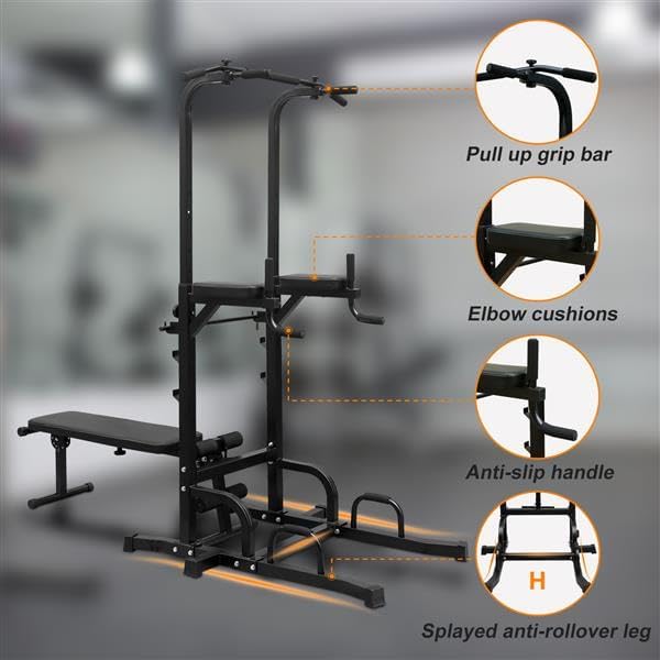 Multifunctional Power Tower with Bench - 7 Adjustable Height Pull Up Bar & Dip Station, Foldable Weight Bench for Home Gym, Heavy Duty Full Body Workout Equipment (Black)