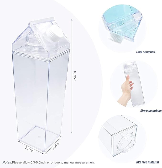 Milk Carton Water Bottle 33oz (1L) Plastic Clear Square Milk Bottles BPA Free Leakproof Water Bottle Portable Reusable Milk Carton Shaped Juice Bottle Perfect for Fitness Gym Camping Sports