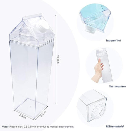 Milk Carton Water Bottle 33oz (1L) Plastic Clear Square Milk Bottles BPA Free Leakproof Water Bottle Portable Reusable Milk Carton Shaped Juice Bottle Perfect for Fitness Gym Camping Sports
