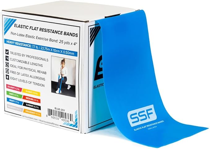 Serious Steel Fitness Flat Resistance Bands for Upper and Lower Body Strength Training and Exercise. (Non-Latex Flat Physical Therapy Exercise Bands - 4" x 25 Yards or 4" x 5 Feet)