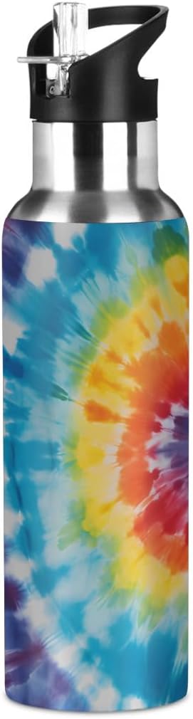 Retro Abstract Swirl Tie Dye Water Bottle Vacuum Insulated Stainless Steel Mug Kids Water Bottle with Straw and Handle Keep Hot Cold Sport Bike Fit Travel Outdoor 20 oz