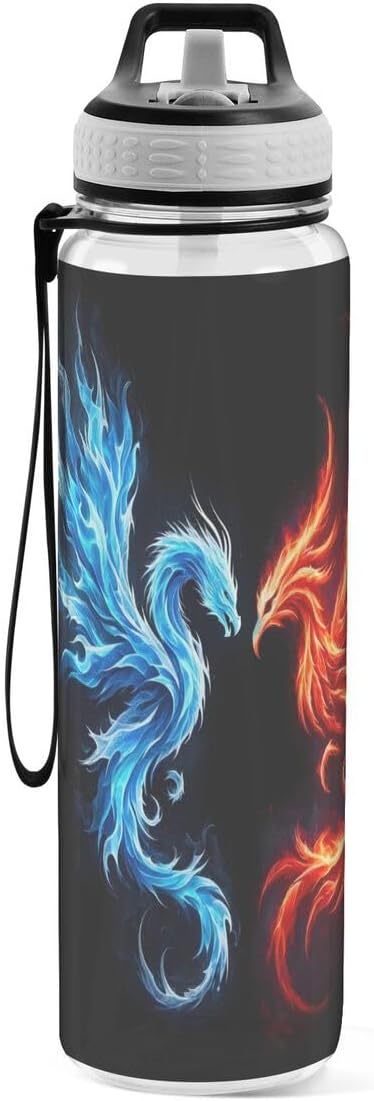 ALAZA Dragon Phoenix on Black Sports Water Bottle with Straw Tritan Drink Bottle 32 oz BPA Free Reusable for Travel Outdoor Fitness