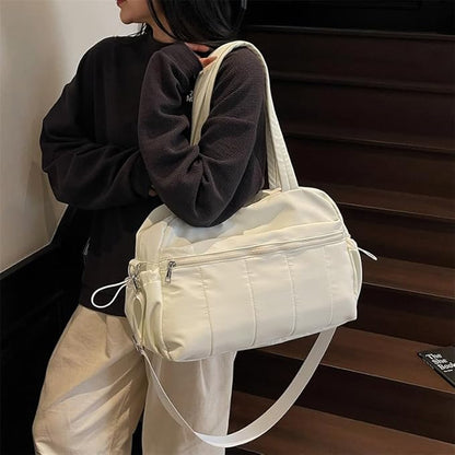 Travel Duffle Gym Bag for Women, Lightweight Puffer Carry on Weekender Bags with Wet Pocket Tote Yoga Workout Bag (Beige)