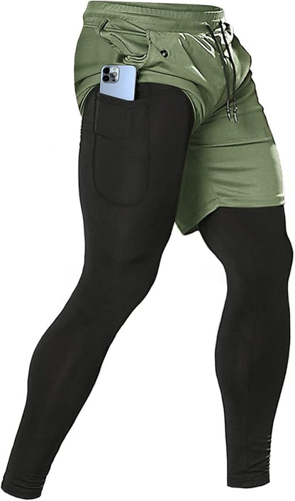 Aolesy Men's 2 in 1 Running Pants, Gym Workout Compression Pants for Men Training Athletic