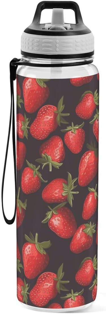 ALAZA Strawberry on Black Sports Water Bottle with Straw Tritan Drink Bottle 32 oz BPA Free Reusable for Travel Outdoor Fitness