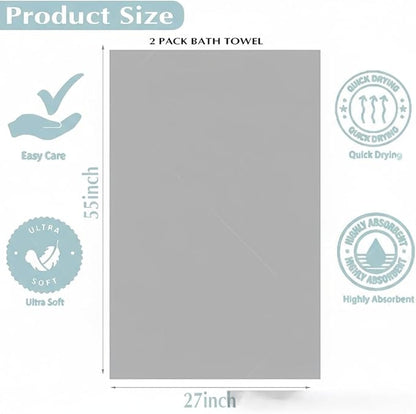 2-Pack Microfiber Towels 27x54(Inches), Ultra Soft Quick Dry Bath Towels, Highly Absorbent & Lightweight for Gym, Yoga, Travel, Spa, Home & Post-Workout, Large Bath Sheet Set