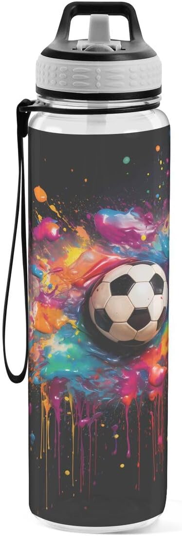 ALAZA Watercolor Soccer Ball Sport Sports Water Bottle with Straw Tritan Drink Bottle 32 oz BPA Free Reusable for Travel Outdoor Fitness