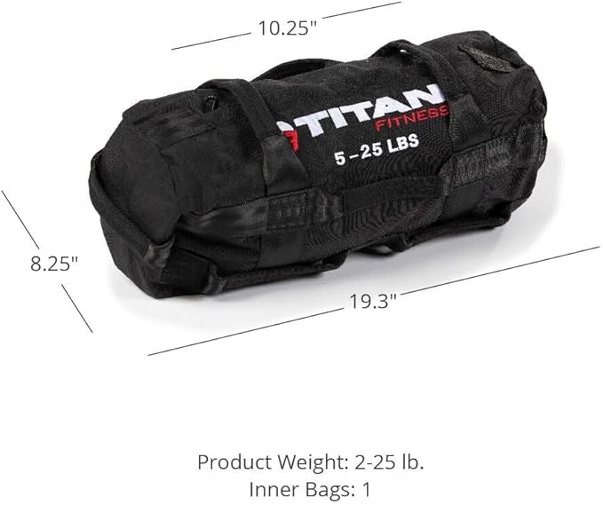 Titan Fitness 5-25 LB PRO Strongman Sandbags, Double Layer, 1050D Cordura, Black, Carry Home Gym Training