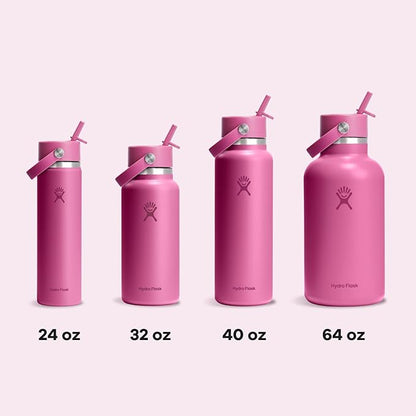 Hydro Flask Water Bottle - Insulated Stainless Steel - Wide Mouth Flex Straw Lid, Non Spill, Leakproof and Refillable in 24 Oz Reef Pink
