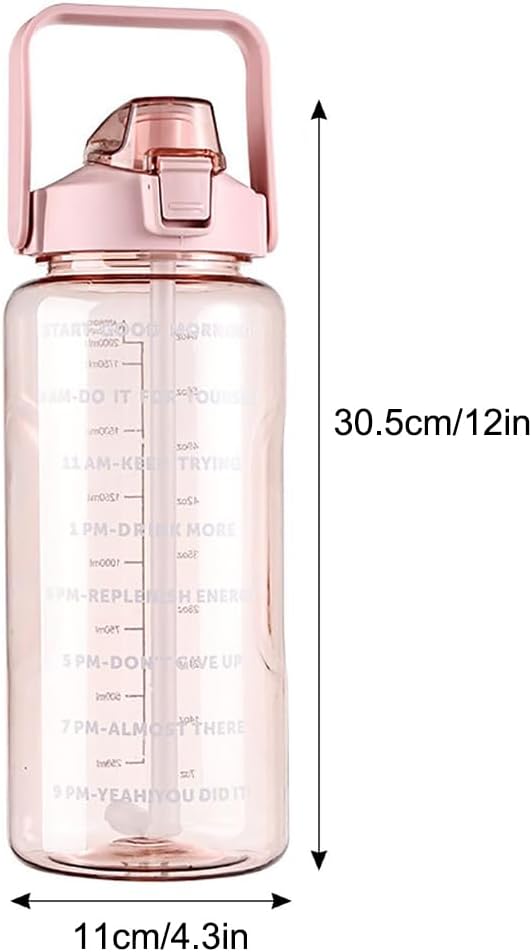 Large Capacity 2L Sports Water Bottle with Straw, Portable and Leakproof, Featuring Time Marker-Bk