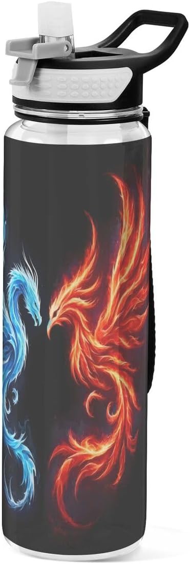 ALAZA Dragon Phoenix on Black Sports Water Bottle with Straw Tritan Drink Bottle 32 oz BPA Free Reusable for Travel Outdoor Fitness
