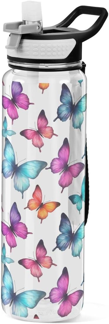 ALAZA Funny Butterfly Sports Water Bottle with Straw Tritan Drink Bottle 32 oz BPA Free Reusable for Travel Outdoor Fitness
