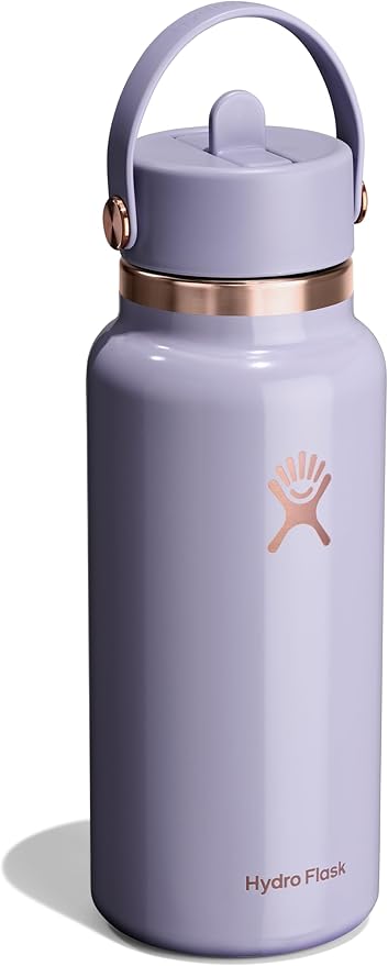 Hydro Flask Water Bottle - Insulated Stainless Steel - Wide Mouth Flex Straw Lid, Non Spill, Leakproof and Refillable in 32 Oz Vapor Rose Gold
