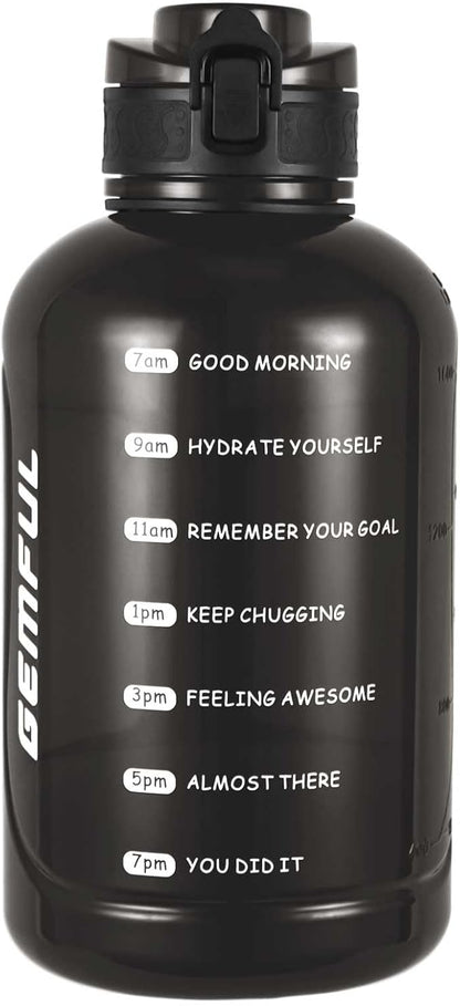 GEMFUL Water Bottle 2L with Time Marker & Handle 64oz Large Motivational Jug for Gym Workouts No Straw Leak Proof BPA Free (Black)