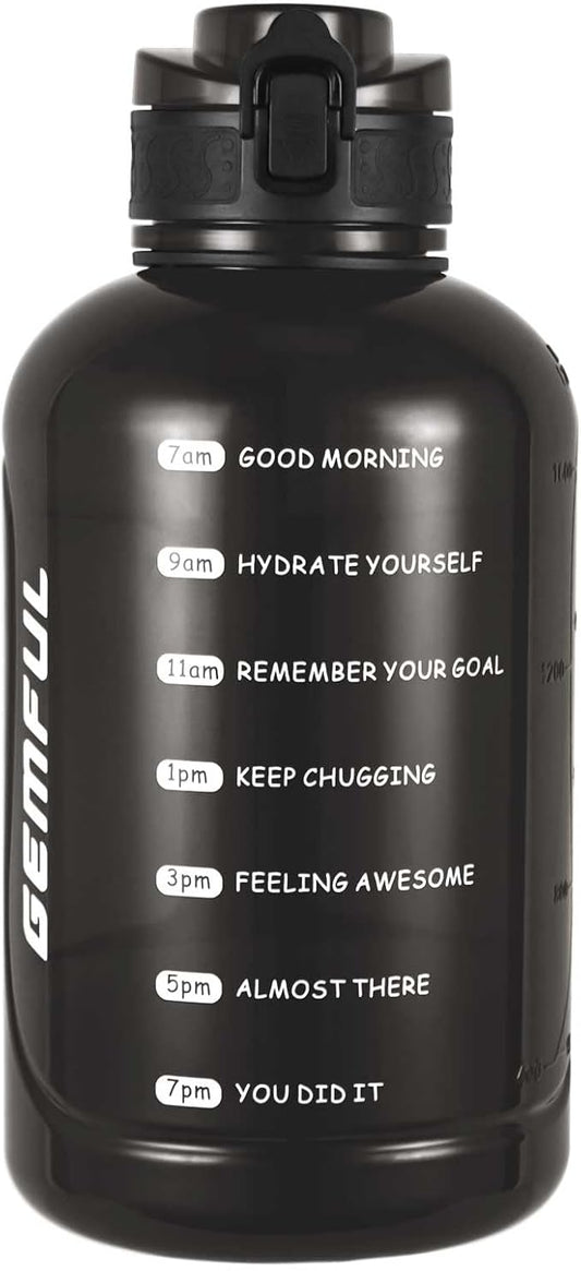 GEMFUL Water Bottle 2L with Time Marker & Handle 64oz Large Motivational Jug for Gym Workouts No Straw Leak Proof BPA Free (Black)