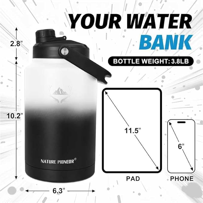 NATURE PIONEOR 1 Gallon Insulated Water Bottle - Double Vacuum Stainless Steel 128 oz Water Bottle with Holder/Carrier, Wide Mouth 1 gallon Water Jug for Outdoor Sports, Hiking, Camping, Gym