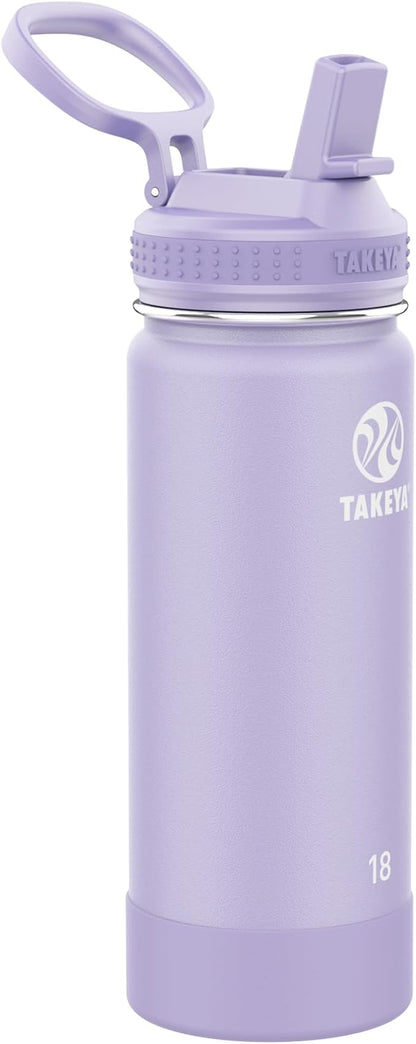 Takeya 18 oz Actives Stainless Steel Water Bottle with Straw Lid – Leakproof, Double-Wall Insulated, Keeps Drinks Cold 24 hrs/Hot 12 hrs, BPA-Free, Powder-Coated, Gym & Travel, Lavender Field