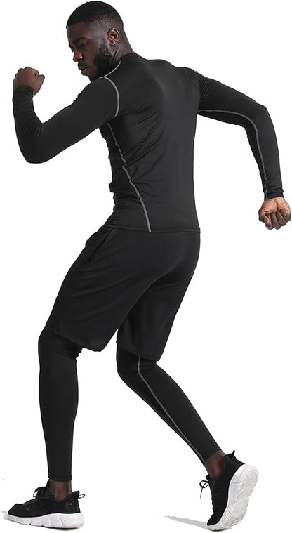 BUYJYA 5Pcs Men's Compression Pants Shirt Top Long Sleeve Jacket Athletic Sets Gym Clothing Mens Workout
