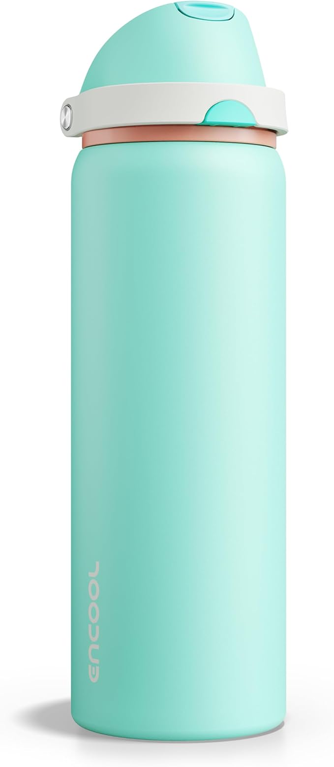 Insulated Water Bottle with Straw - Encool Stainless Steel Water Bottle with Push Button Lid, Leak-Proof & BPA-Free, Keeps Cold for 24 Hours for Sports, Travel, Gym (32 oz, Turquoise)