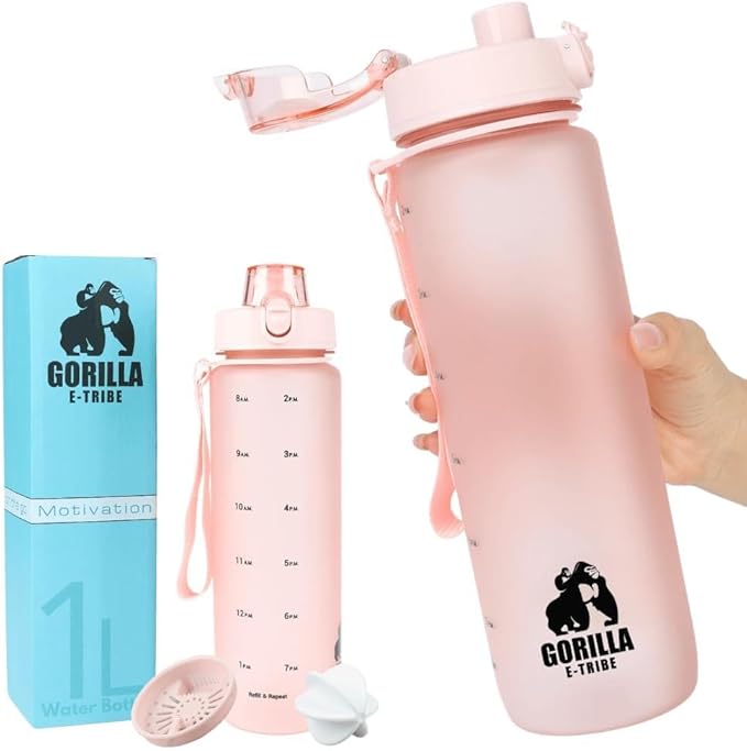 Pink Water Bottle Time Marker - Daily Intake Tracking - BPA Free & Leak Proof Protein Shake Bottle - Ideal for Gym, Office, School & Hiking - 32oz