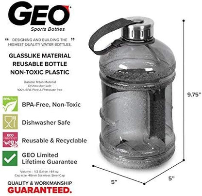 Geo Sports Bottles 1/2 Gallon (64 oz) BPA Free Reusable Leakproof Wide Mouth Sports Water Jug Bottle with Handle and 48mm Stainless Steel Cap (Black)