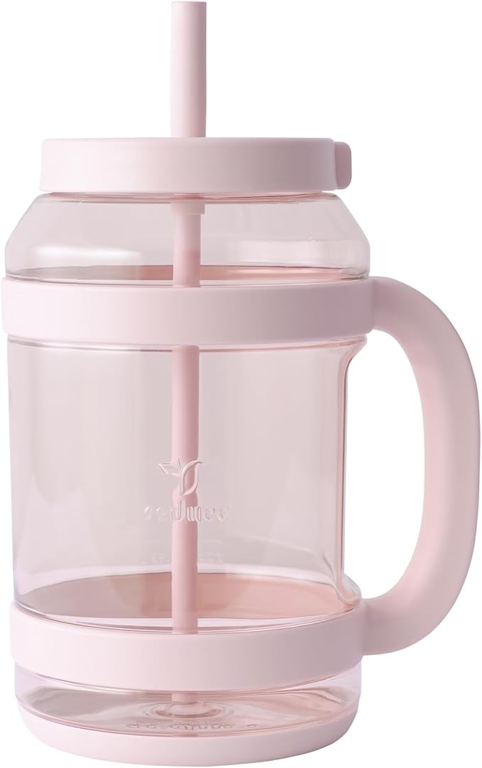REDUCE WaterDay 80 oz Water Jug with Time/Ounce Markings - Spill-Proof Straw, Durable Tritan - Big Water Bottle for Daily Hydration - Dishwasher Safe, Clear & Easy to Clean, Pink Quartz