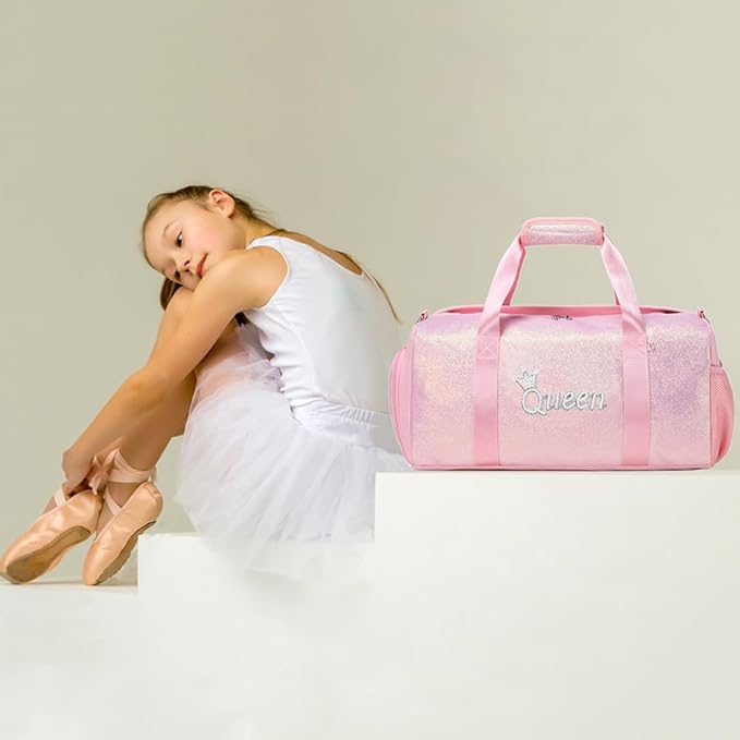 Dance Duffle Bag for Girls Shiny Glitter Sports Gym Bag for Girls Weekender Overnight Sleepover Travel Duffel with Shoes Compartment