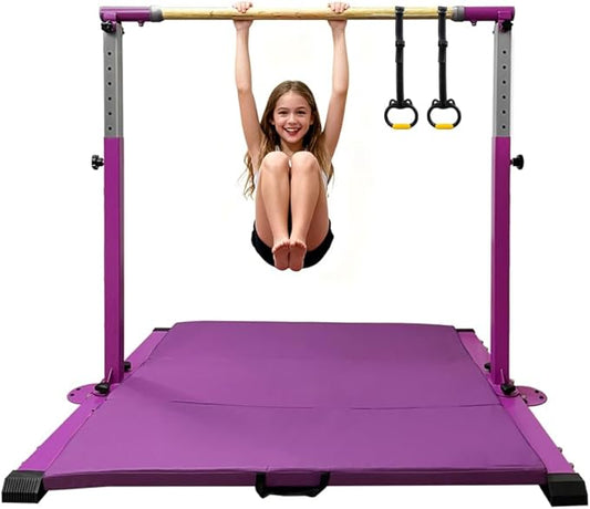 Gymnastics Bar for Kids Girls Ages 3-15 with Ring for Home Indoor Training Equipment- Steady Steel Construction, Anti-Slip, Easy to Assemble, 3' to 5' Adjustable Height